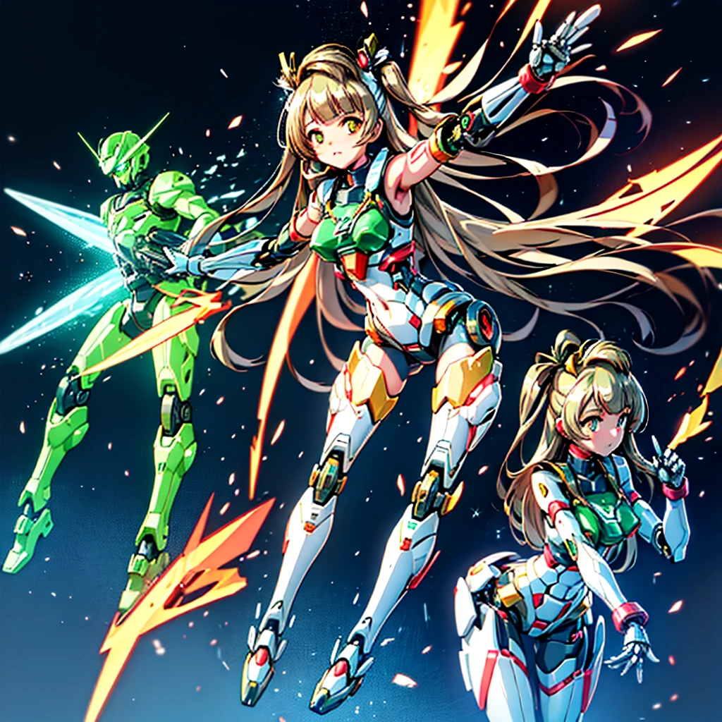 masterpiece, high quality, Cyborgization、Gynoid Cyborg Body、The face is of Minami Kotori.、Girl-type mechanical body、Mecha Cyborg Girl、Single, frontal composition、Single image、from front, full body、The mechanical body is destroyed, exposing the precision machinery.、Arms and legs wide open