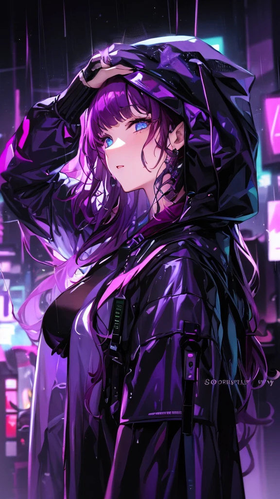 ((Highest quality)), (masterpiece)),in the rain、Anime girl with purple hair and black jacket, Cyberpunk Anime Girl in hoodie, digital Cyberpunk anime art, Digital Cyberpunk - Anime Art, Cyberpunk Anime Girl, anime cyberpunk art, Cyberpunk art style, Cyberpunk atmosphere, Cyberpunk anime art, female Cyberpunk Anime Girl, Dreamy Cyberpunk Girl, Cyberpunk atmospheres, Bright Cyberpunk Glow, Cyberpunk Style, Cyberpunk themed art