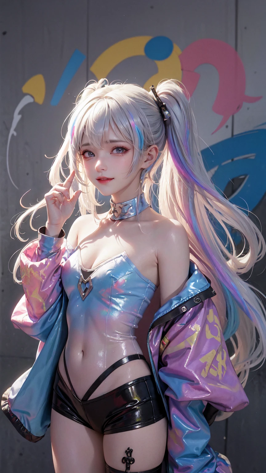 (best quality), masterpiece, Extremely detailed CG8K painting, high color, Extremely high color saturation, All colors are deepened, painting, graffiti art, central composition, Extremely detailed light and shadow, graffiti wall, The walls are painted bright colors, 1 girl graffiti 1 girl looking at the wall, The face and eyes are very detailed, medium length hair, sportswear, colorful clouds