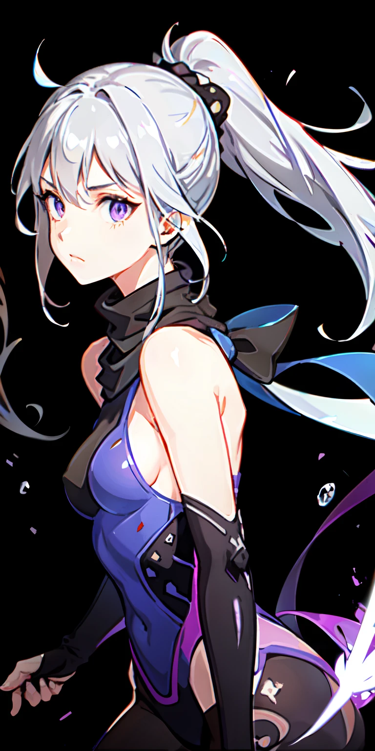 Upper Body, One girl, Gray Hair, ponytail, Purple eyes, (Ninja), dagger, Medium Breasted ,scarf, wallpaper, Background of the blitz, Particles of light, Blue Fire,