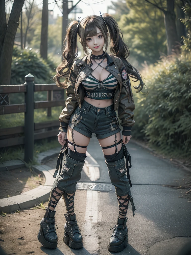 (Hostess:1.3)、(Smiling with teeth showing:1.3),(Shibuya Gal:1.5)、(Landmine Girl:1.4)、(ta Fashion:1.5)、(Punk RockVisual Kei:1.4)、(A modern short jacket in dark grey and moss green.:1.5)、(Tattered brown and charcoal denim low rise cargo pants:1.5)、(Mustard Yellow Headband:1.3)、(Charcoal and khaki striped knee socks:1.4)、collar、(Brown platform long boots)、(Clothing with logo pattern:1.4)、20-year-old、Browsing Caution,((Highest quality、In 8K、masterpiece:1.3))、Sharp focus:1.2、(Layered Cut、Huge breasts:1.1),Beautiful woman with perfect figure:1.4、(Doing an aerobics pose:1.3)、Slim Abs:1.2、Butt、Highly detailed face and skin texture、Fine grain、double eyelid,(Twin tails:1.3)、(Brownish golden hair:1.3)、Obscene、Idol Sculpture、(The landscape is a beautiful temple of water and forest:1.3)、(Slimming your legs:1.4)、(The body is slim:1.3)、(clavicle:1.1)