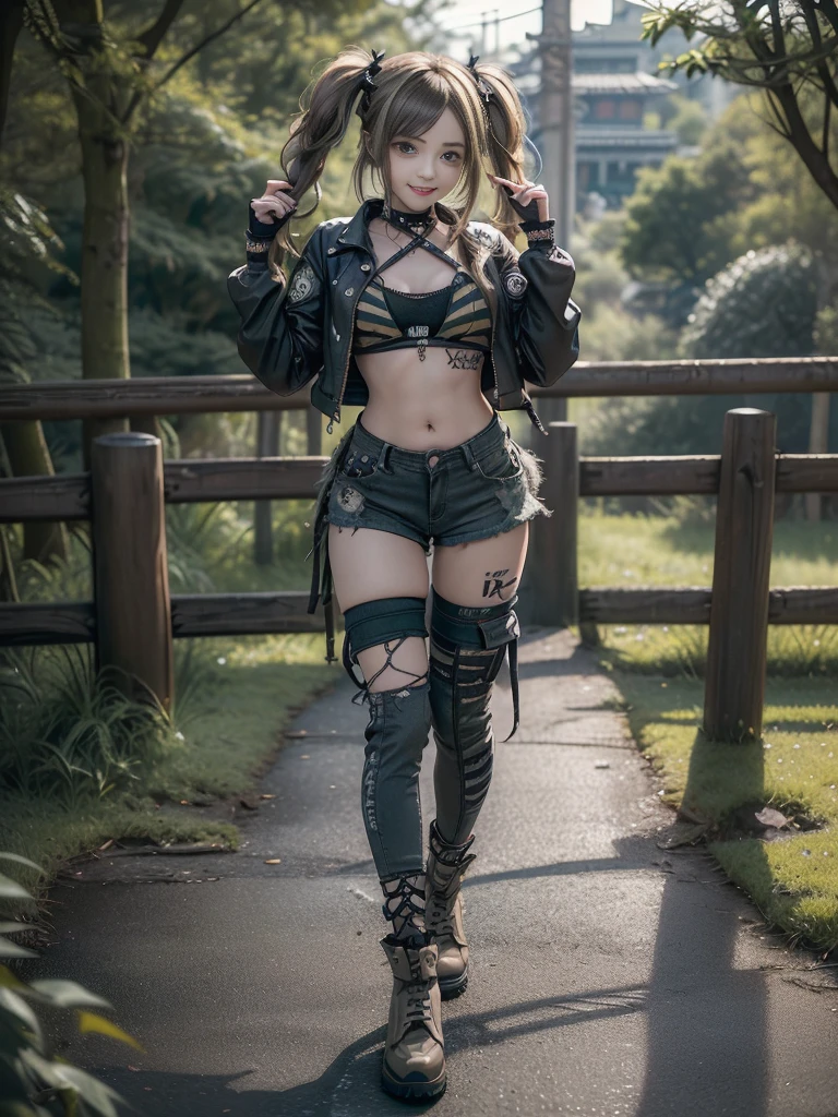 (Hostess:1.3)、(Smiling with teeth showing:1.3),(Shibuya Gal:1.5)、(Landmine Girl:1.4)、(ta Fashion:1.5)、(Punk RockVisual Kei:1.4)、(A modern short jacket in dark grey and moss green.:1.5)、(Tattered brown and charcoal denim low rise cargo pants:1.5)、(Mustard Yellow Headband:1.3)、(Charcoal and khaki striped knee socks:1.4)、collar、(Brown platform long boots)、(Clothing with logo pattern:1.4)、20-year-old、Browsing Caution,((Highest quality、In 8K、masterpiece:1.3))、Sharp focus:1.2、(Layered Cut、Huge breasts:1.1),Beautiful woman with perfect figure:1.4、(Doing an aerobics pose:1.3)、Slim Abs:1.2、Butt、Highly detailed face and skin texture、Fine grain、double eyelid,(Twin tails:1.3)、(Brownish golden hair:1.3)、Obscene、Idol Sculpture、(The landscape is a beautiful temple of water and forest:1.3)、(Slimming your legs:1.4)、(The body is slim:1.3)、(clavicle:1.1)