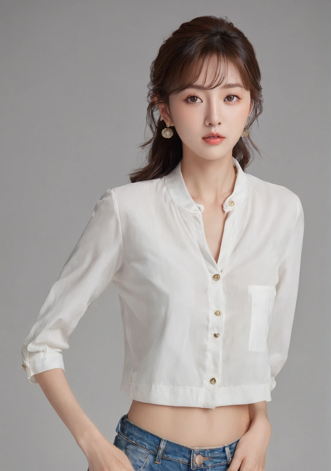 (highest quality), (Ultra-detailed), (Lift up your shirt、Underboob:1.3), (Detailed light), (Very delicate and beautiful、、Jacket、White T-shirt:1.3), 1. Young Girl, Brown Hair, Brown eyes, model, highest quality, Highly detailed CG synthesis 8k wallpaper, High-definition RAW color photos, bright、Sexy pose、(Are thin:1.4)、Slightly 、Beautiful breasthort hair、((Naughty pose、I can see your thighs))、Cowboy Shot