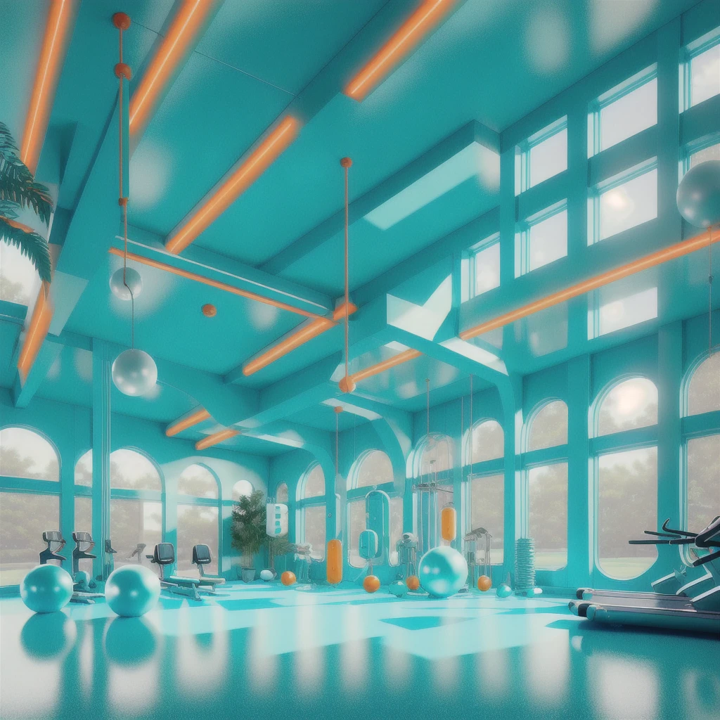 retrofuturism interior design,
warm aquamarine color scheme
,
Gym - A fitness-focused space with exercise equipment, free weights, and a large mirror that reflects the space, making it feel bigger and brighter. The walls are painted a cool and calming color, while rubber flooring provides comfort and traction for workouts. Large windows allow natural light to flow in, creating an inviting space for getting fit.