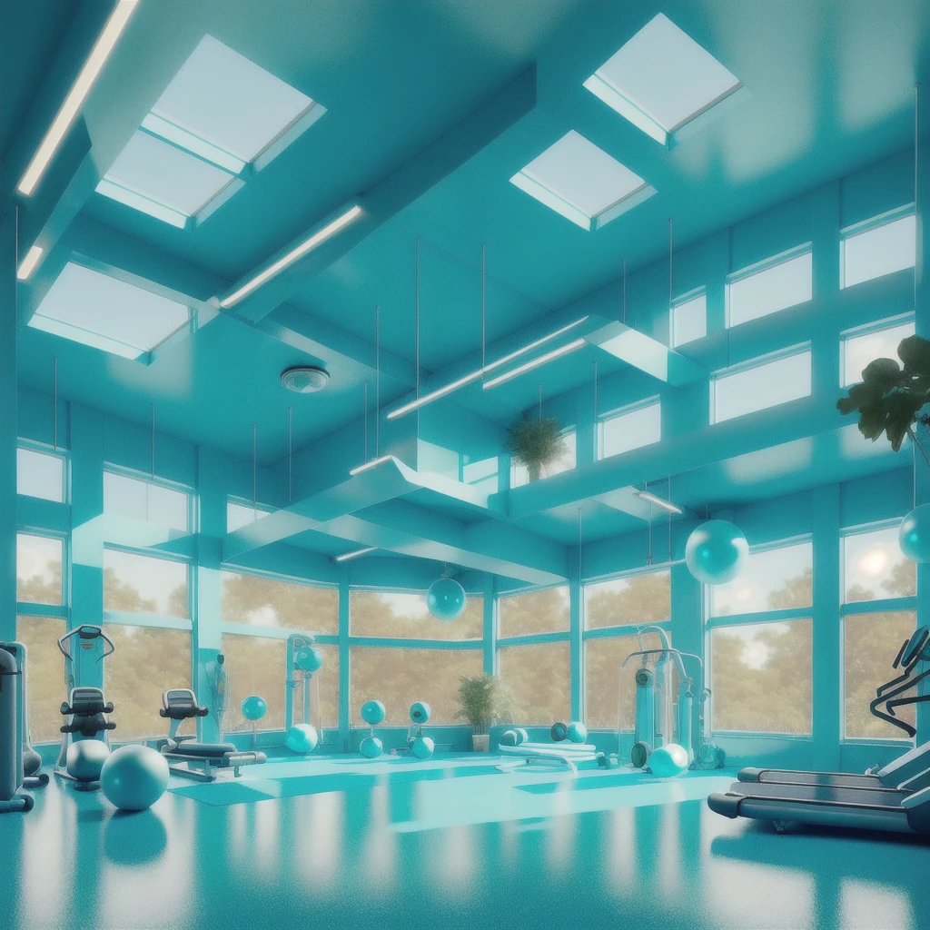 retrofuturism interior design,
warm aquamarine color scheme
,
Gym - A fitness-focused space with exercise equipment, free weights, and a large mirror that reflects the space, making it feel bigger and brighter. The walls are painted a cool and calming color, while rubber flooring provides comfort and traction for workouts. Large windows allow natural light to flow in, creating an inviting space for getting fit.