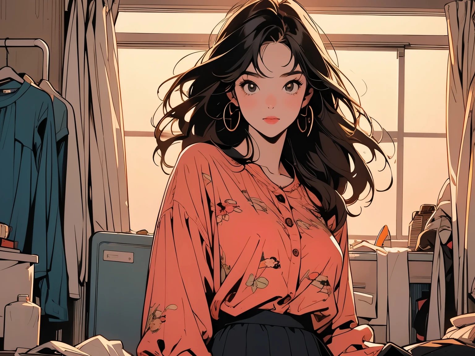 whole body, Upper Body, Have iPhone , Messy room, Apartments, 1 Girl, 4K, Warm colors ,skirt, blouse、Sunset、Perfect Face、Beautiful woman