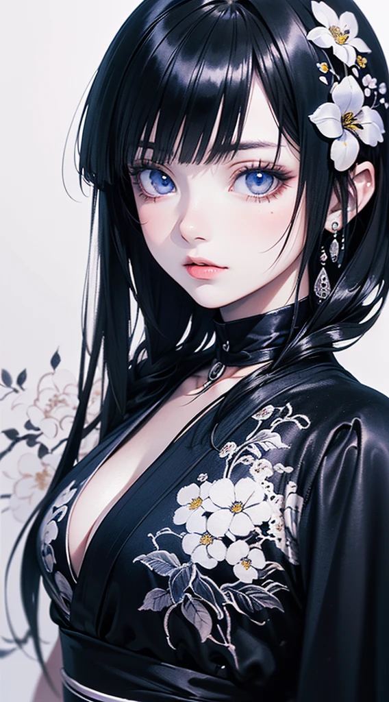 (​master piece),(top-quality:1.2),(8k anime),1 girl,beautiful detailed blue eyes,(Beautiful silky black hair:1.2), black dress with flowers,(Realistic),Detailed skin, undeservedly beautiful,((ink painting floral background)),white theme,cinematic lighting,body shot,high contrast