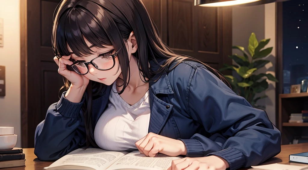 Falling asleep face down while studying at night、A cute girl wearing glasses that accentuate her breasts a little