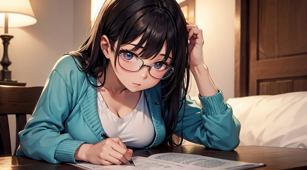 Falling asleep face down while studying at night、A cute girl wearing glasses that accentuate her breasts a little