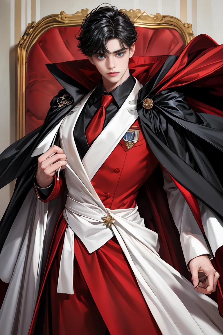 masterpiece, 最high quality, high quality, 1 boy, alone, Male focus, Watching the audience, Messy black hair, Adorable big blue eyes, White people, Noble, Noble,Sexy voluminous black and red cape、Tuxedo、A very voluminous, large, very large, very large, long, long red and black cape with a high stand-up collar, made of a lot of fabric that reaches down to the floor., ,Cute beautiful boys,Cute, cute, kind, handsome guy