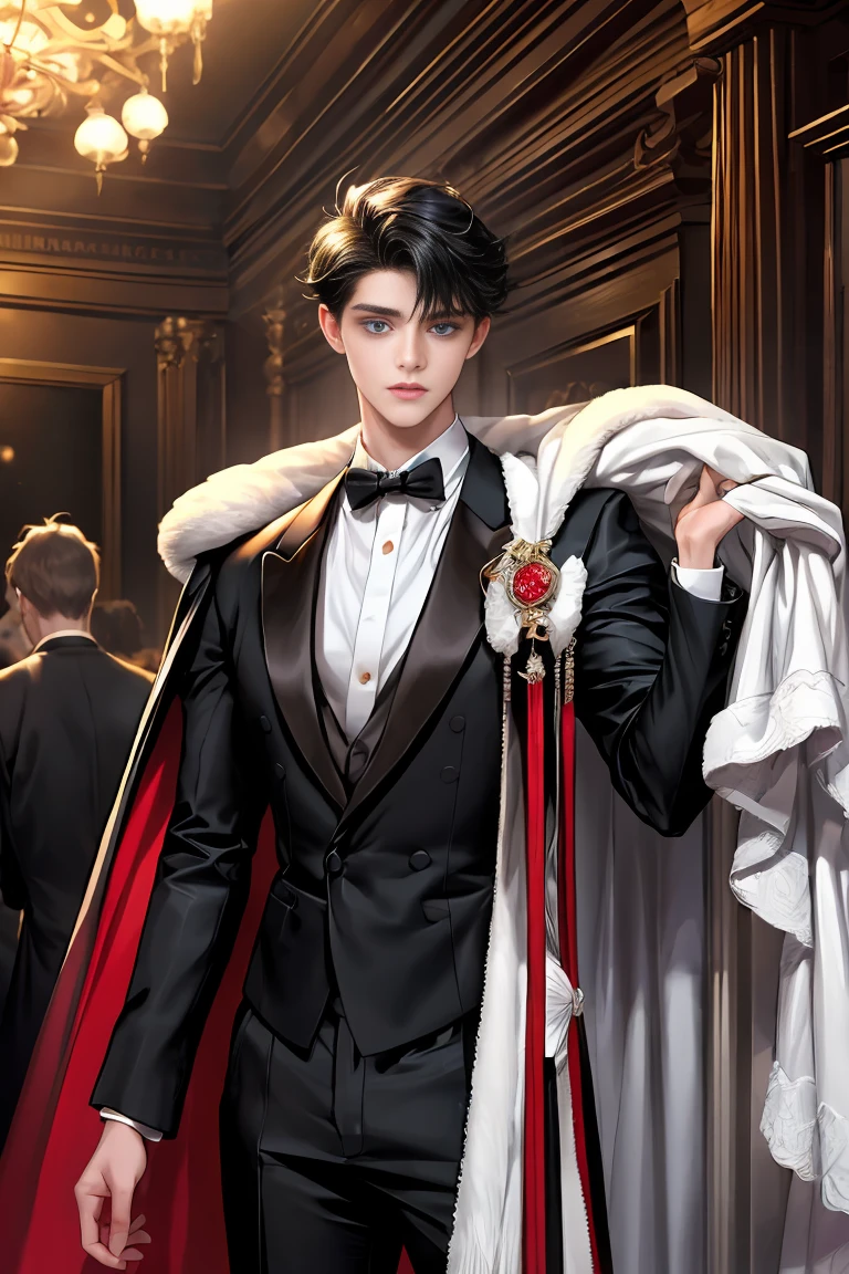 masterpiece, 最high quality, high quality, 1 boy, alone, Male focus, Watching the audience, Messy black hair, Adorable big blue eyes, White people, Noble, Noble,Sexy voluminous black and red cape、Tuxedo、A very voluminous, large, very large, very large, long, long red and black cape with a high stand-up collar, made of a lot of fabric that reaches down to the floor., ,Cute beautiful boys,Cute, cute, kind, handsome guy