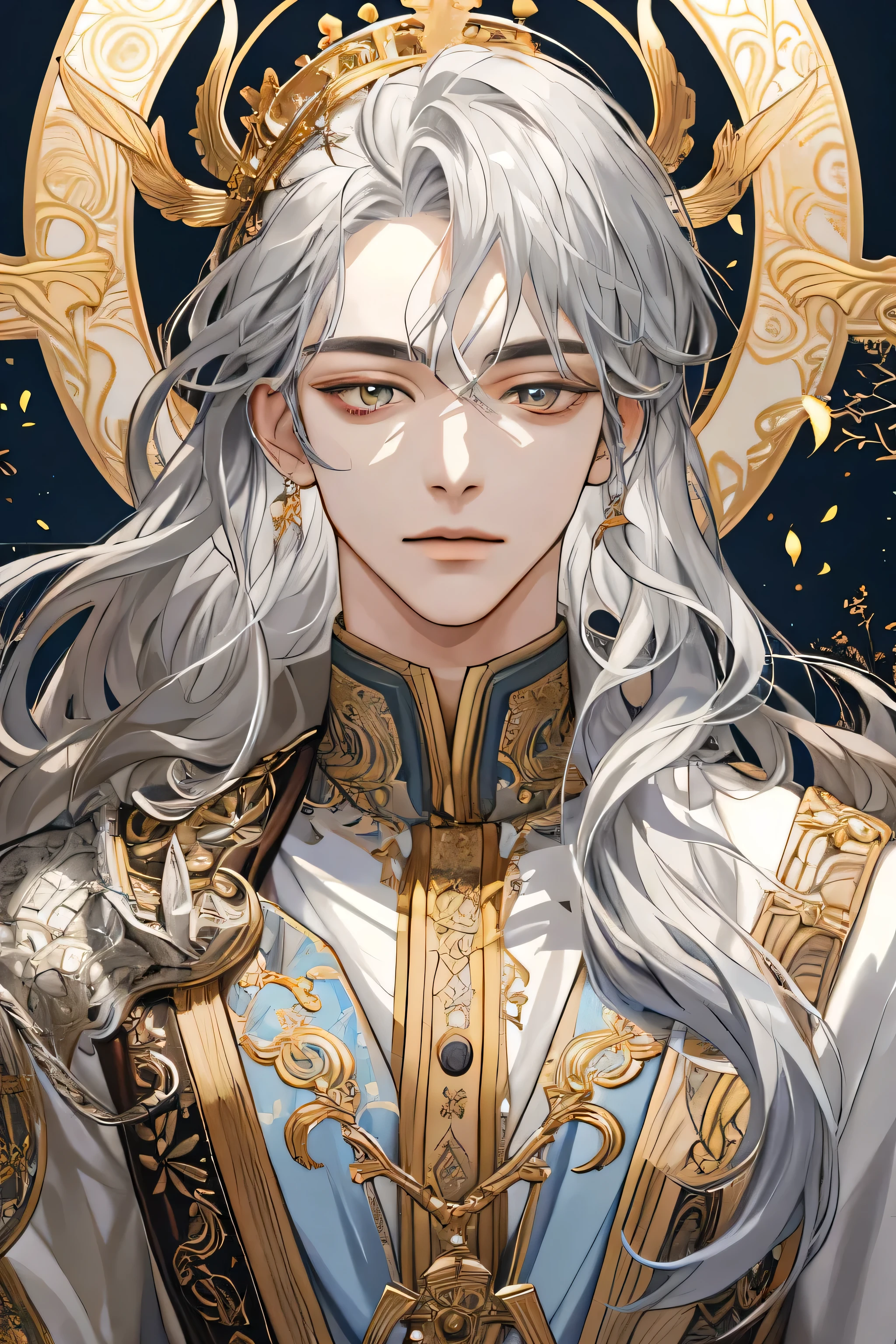 (extreamly delicate and beautiful:1.2), 8K,(masterpiece:1.0),(best_quality:1.0), 1 boy, and intricate detailing, Enlarged textures, and intricate detailing, finely eye and detailed face, and intricate detailing, shiraga, long curl hair silver, (closed mouths), Perfect eyes, Equal eyes, golden eyes (A male god) with crown leaf yunani romawi, look 34 yo