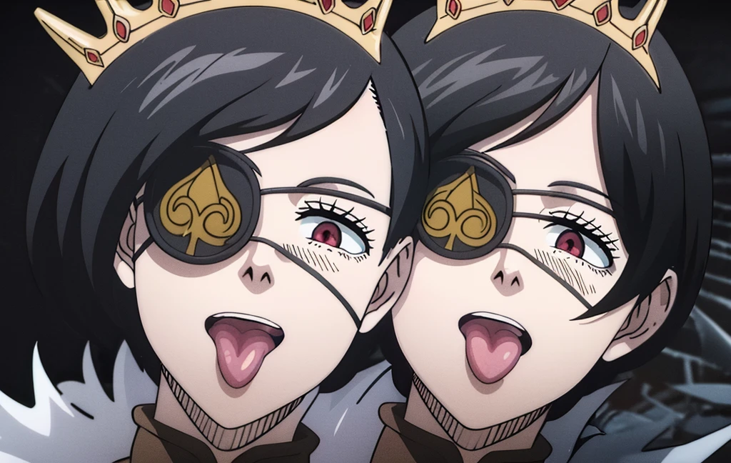 ((best quality)),((highly detailed)),masterpiece,absurdres,detailed face,beautiful face,(detailed eyes, deep eyes), 1girl, Vanica, eyepatch, black hair, solo, tongue, crown, red eyes, short hair, fur trim, smile, tiara, full body, cape,
, white background, blank background