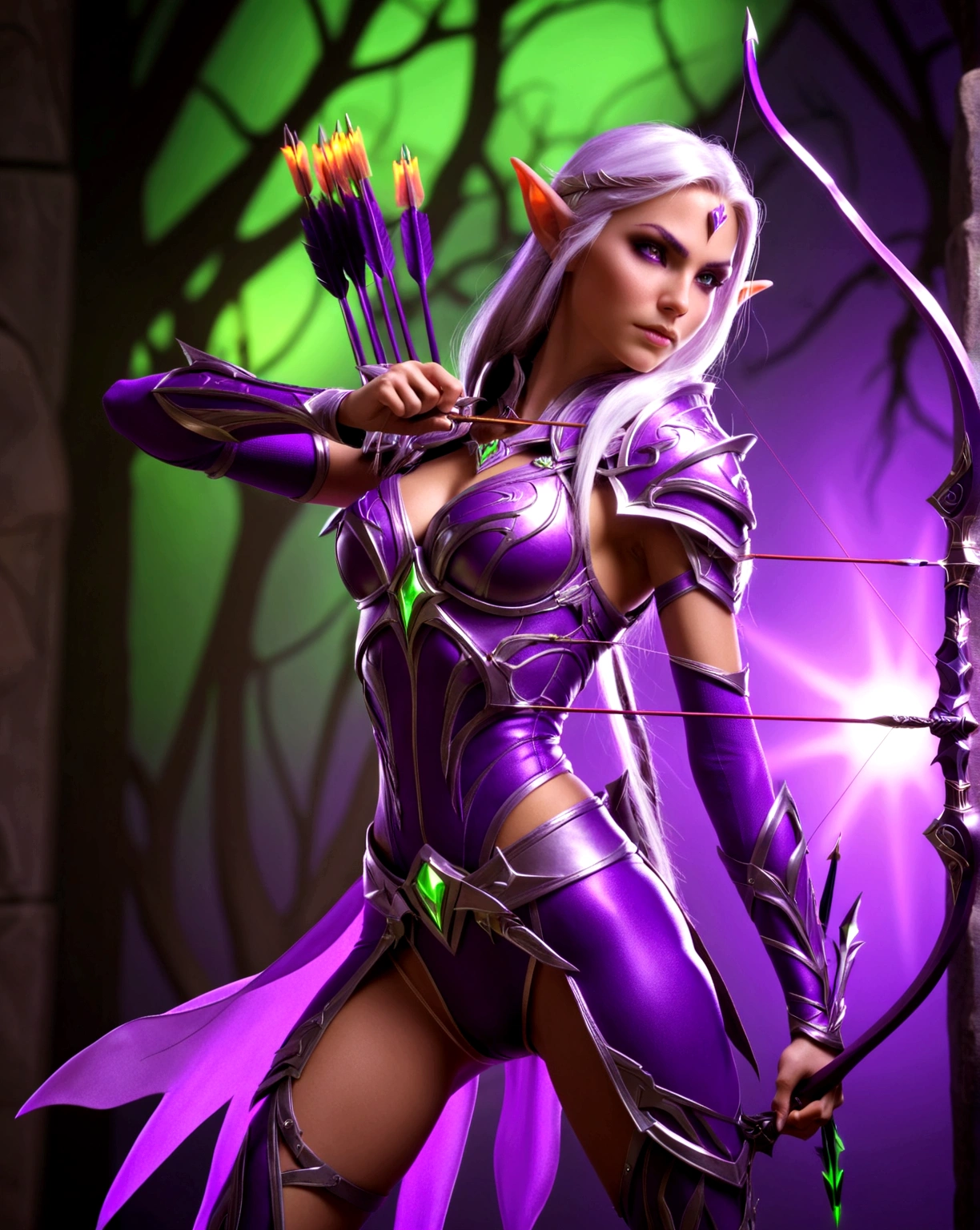 an elf archer lady master from World of Warcraft, body armor, purple suit, glowing suit, big mythical bow, mystical arrow,(accurate image 1.5) tall lady,heels, iconic archer stance, mystical aura background, super detailed, highres, translucent, fluorescent color
