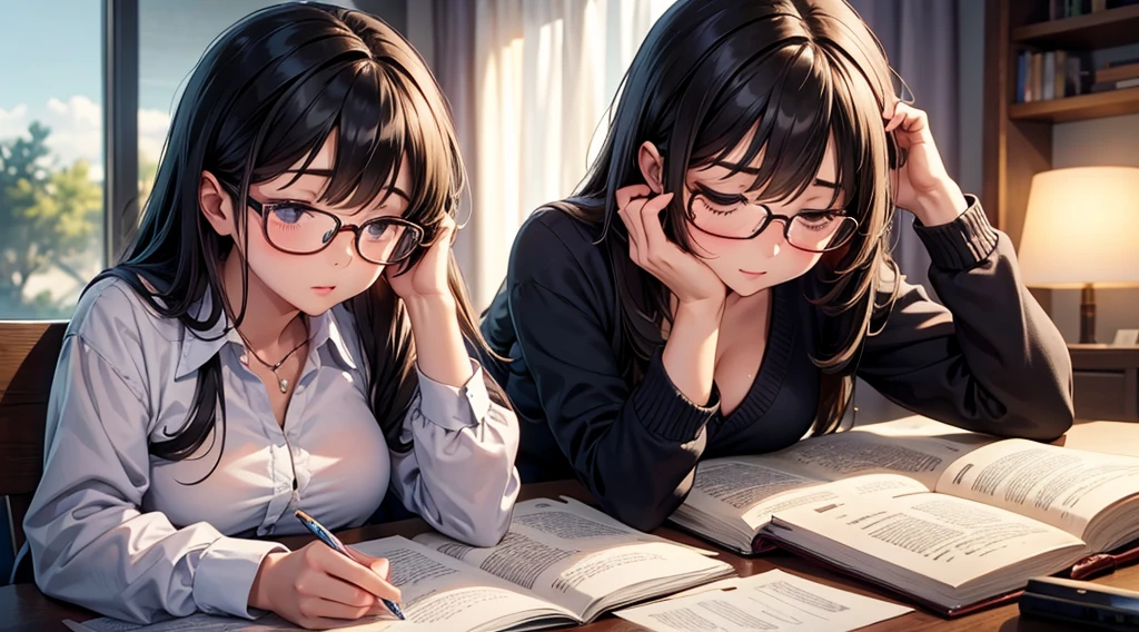Falling asleep face down while studying at night、A cute girl wearing glasses that accentuate her breasts a little