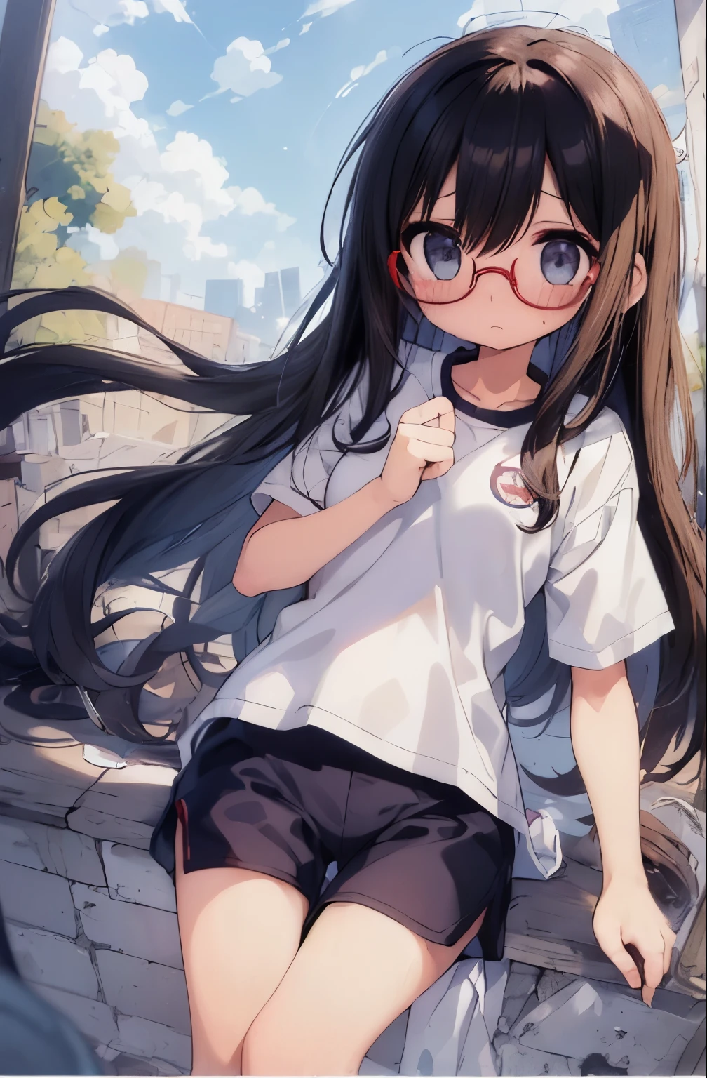 (Big red round glasses:1.3)、(Timid girl、blush、Watery eye:1.2)、Long black hair、White short sleeve shirt、Navy blue shorts、Gym suit、 body、Flat 体、Gym suitショートパンツ、Wide-legged shorts、Shorts and thigh gap