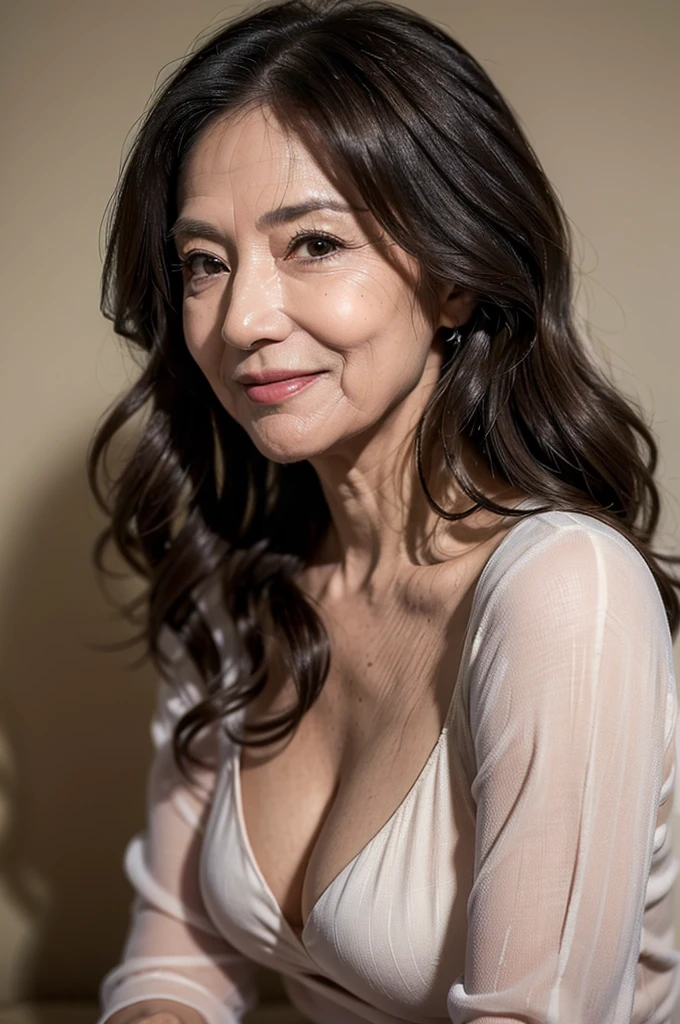 (Masterpiece:1.4),(63-year-old woman:1.4),(facial wrinkles : 1.2),smile,long wave hair, sturdy shoulder, plump, pores, dull skin, fleckled skin, detailed realistic skin, detailed background,
