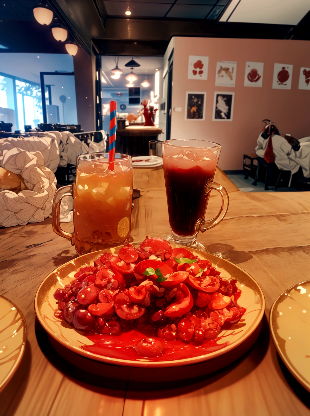 there are three plates of food on the table with drinks, by Emma Andijewska, taken with sony alpha 9, ❤🔥🍄🌪, 8k)), shot on leica sl2, taken at golden hour, 🤬 🤮 💕 🎀, yummy, mixed art, mangeta smoke red light, # oc, 🔞🤡