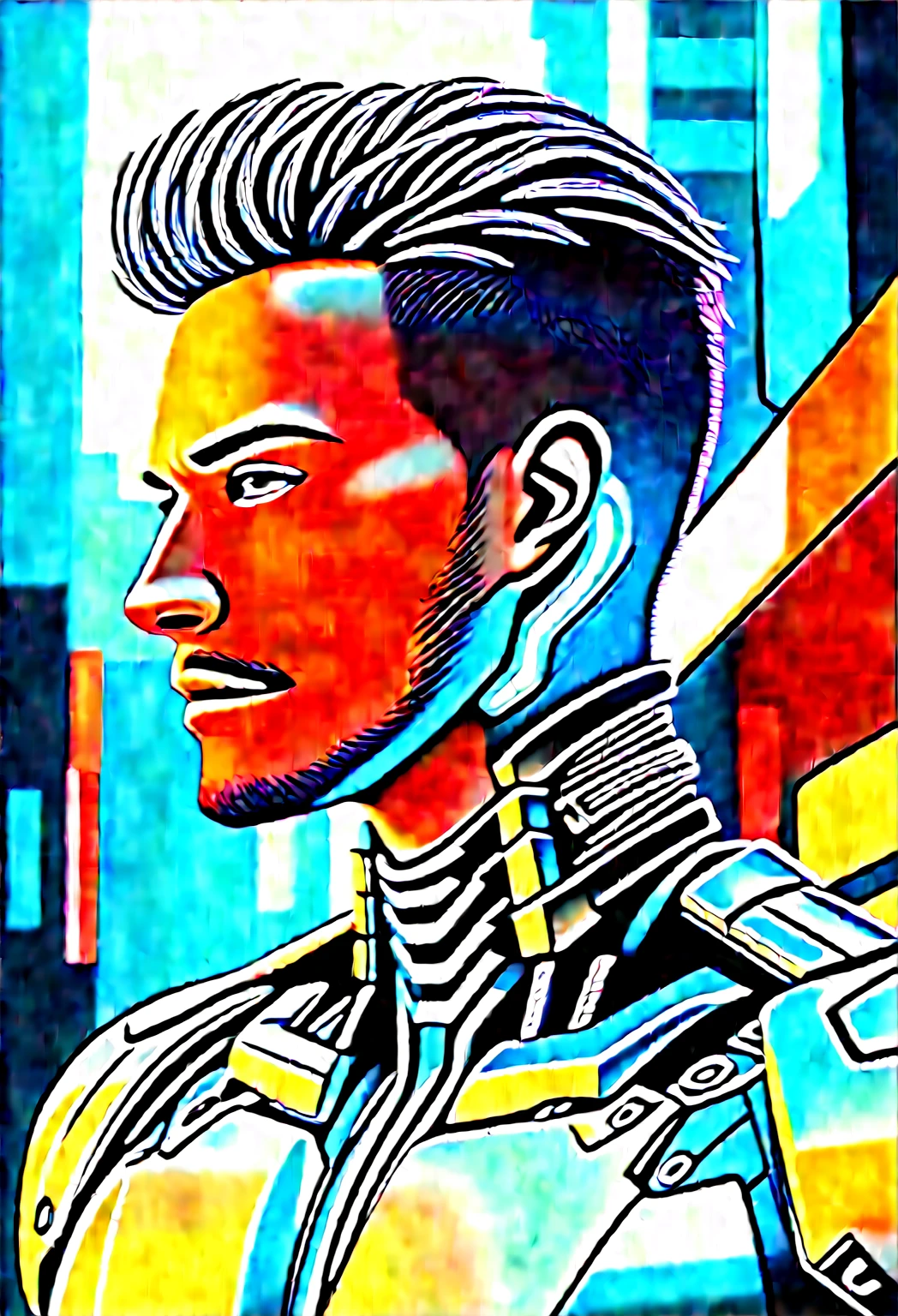 Original Photography, Very detailed, male, Cybernetic Neck, (: 1.5), A ruined city block in the background, Vivid details, Luxury Cyberpunk, hyper-Practical, anatomy, elegant, 8K, best quality, masterpiece, Very detailed, (Practical, photo-Practical: 1.37), portrait.