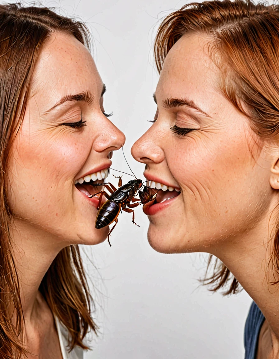 A grinning woman, kissing a huge cockroach