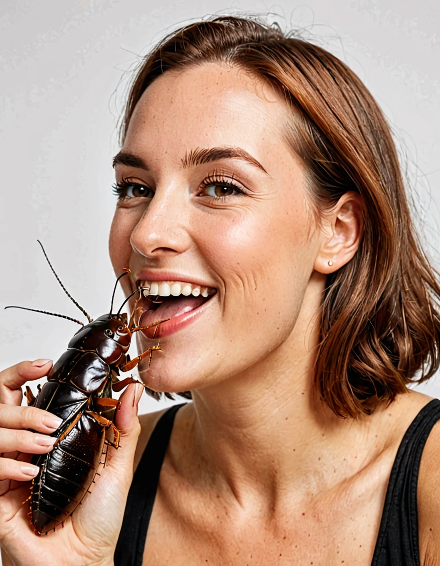 A grinning woman, kissing a huge cockroach