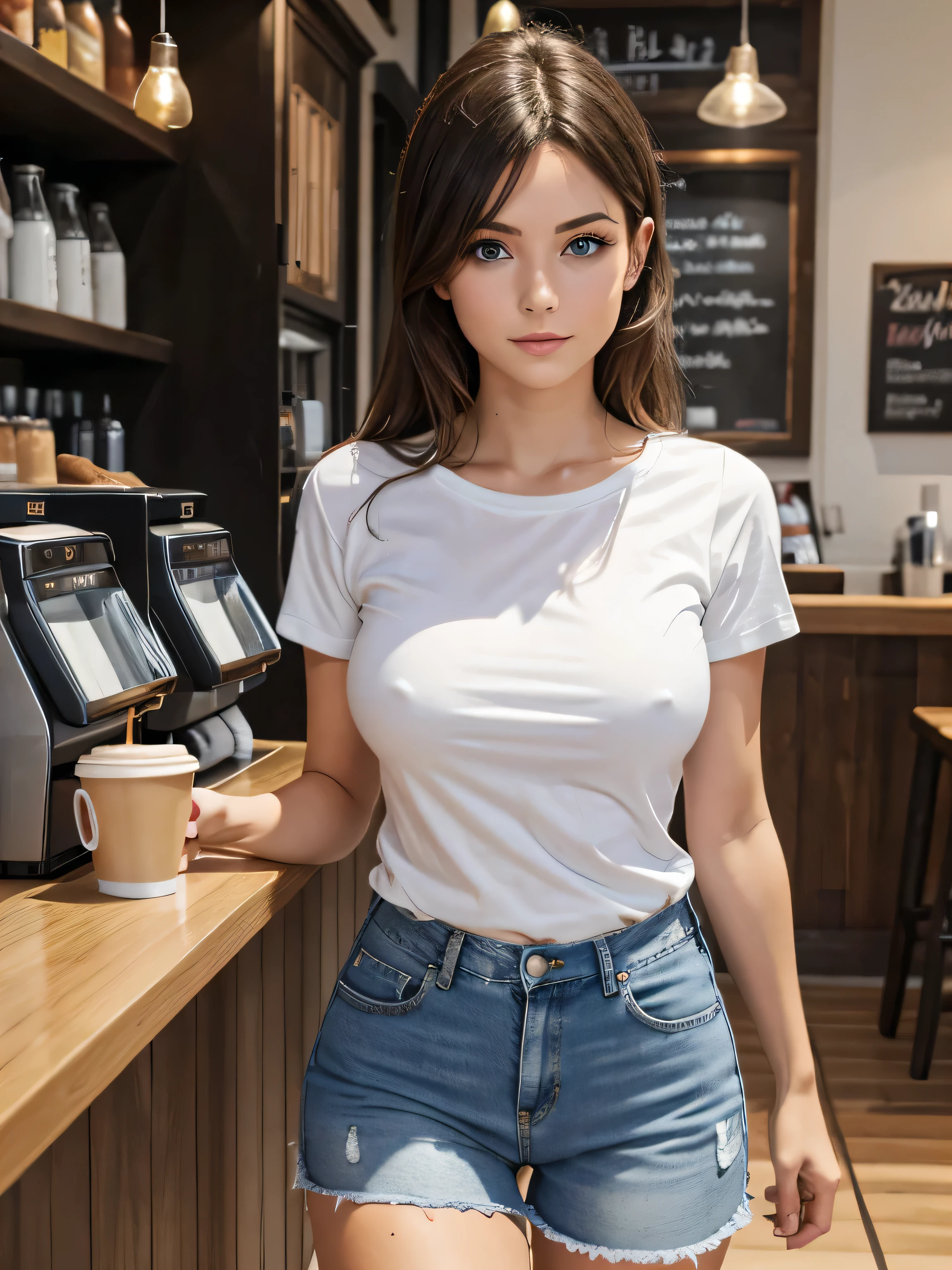 A woman in a white t-shirt and jean shorts walking through a coffee shop, medium breasts, blue eyes