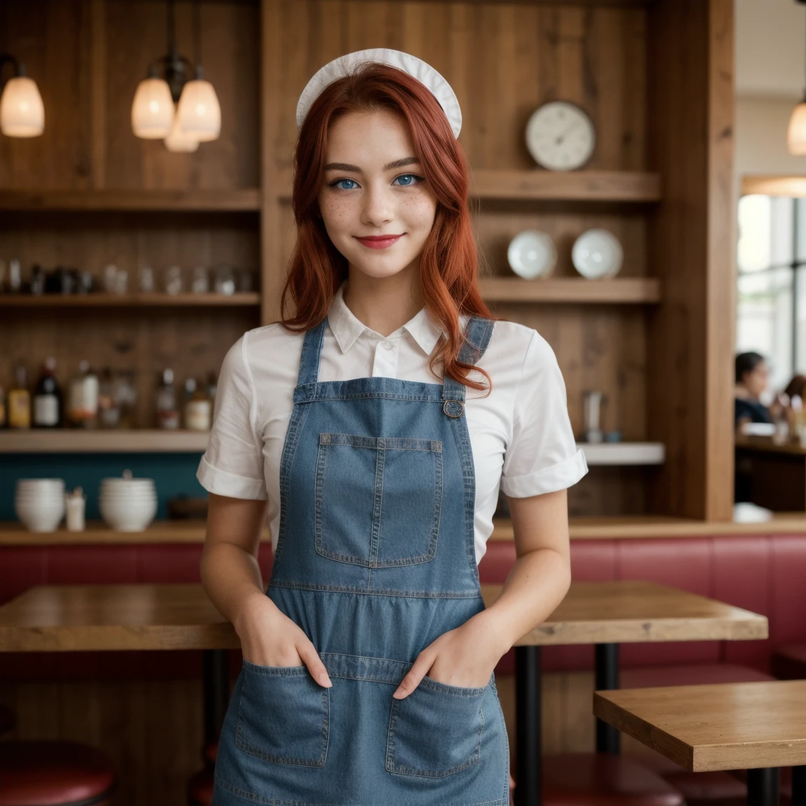 there is a girl, ((best quality)), ((detailed)),(masterpiece), ((perfect face, young)), ((red hair)), ((blue eyes)) long hair, freckles, makeup, natural face expressions, red lips, slightly smiling, standing, wearing jeans and a top with an apron ((female waitress)), capture to thighs