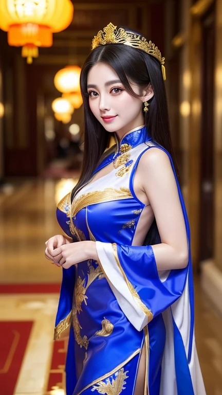 (((Chinese Beauty)))、((Angle of view from the side))、(Look back here)、21 years old、(Very heavy makeup:1.3)、(Slanted Eyes:1.4)、(long narrow eyes:1.4)、Shiny Hair、Glowing Skin、Very white skin、Jet Black Hair、Straight long hairstyle、Waist-length hair、Big eyes、Double eyelids、Luxury Chinese palace、(Standing in the palace corridor)、(Golden luxurious hair ornament)、(((Patterned costume of a Chinese queen)))、Luxurious and gorgeous、(huge breast:1.3)、(Exposed Skin:1.4)、(Smile with your mouth closed)、Transparent white cloth、(((Royal Blue Costume)))