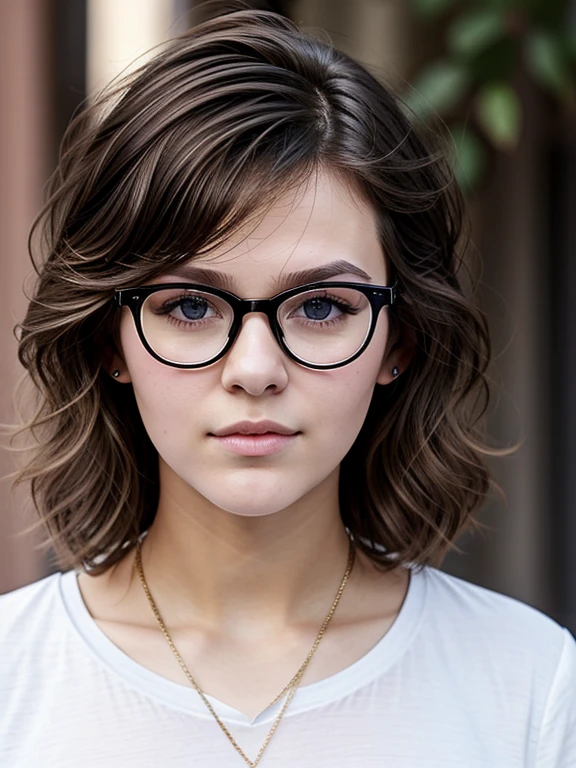 (masterpiece, Best quality:1.2), 1 tomboy girl 16 years old, One, Russian girl in glasses with aesthetic small breasts with beautiful erect pale pink nipples, round face, round cheeks, small round chin, beautiful proportional small wide nose, Plump lips, closed mouth, expressive brown eyes, Long eyelashes, glasses with lenses, a little crazy look, sparkle in the eyes, spiky tousled dark brown tousled slightly wavy medium length shoulder length hair, Plain Cotton Men's Racerback Tank Top, absolutely no bra, upper body photo portrait, high quality human skin textures, Beautiful face, Ideal Anatomy, realistic textures, realistic glasses, medium shot
