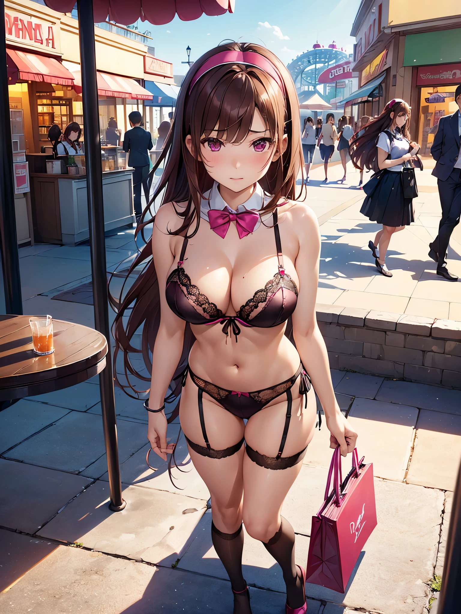 (((masterpiece, Highest quality, High resolution, 超High resolution, Perfect Pixel, Depth of written boundary, 4K, RTTX 10.0))), Beautiful Anime Women, Beautiful art style, Anime characters, ((Smooth texture, Realistic texture, Anime CG Style)), Exact finger count、Exact number of legs、(Exact number of arms:1.0, Exact number of hands:1.0), (Perfect hands, Perfect Anatomy), Cinematic, Realistic, Extremely detailed CG, Daytime lighting, Perfect lighting, Best Shadow, The best natural light, whole body, Perfect body, バランのとれたPerfect body, Perfectly balanced style, (Slender body:1.2), ((Long Hair, bangs, Reddish brown hair, Stylish hairstyle)), ((A cute woman is walking sexy:1.6)), ((Bow tie around neck, High heels:1.3), (Sexy and cute magenta underwear:1.3), (Stylish shiny magenta satin panties, Side-tie panties, Panties with plain magenta in the center and lace decoration on the sides:1.3), (Thin panties:1.3), (Magenta Micro Lace Satin Bra, Thin bra:1.3), (garter belt, Knee socks:1.3):1.3), (beautiful and very large breasts:1.1), Feeling embarrassed, (blush:1.2), (Very embarrassed look:1.4), (Stylish cafe, amusement park, Carry drinks, A busy store, Chair, table, Outdoor:1.3), naked, In underwear, Waitress in underwear, (Maid Headband:1.2), whole body, Angle from the front, chizuru