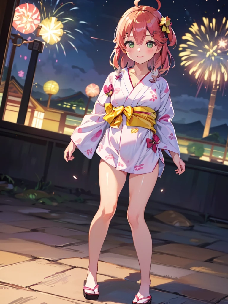 (masterpiece, Highest quality, Super detailed),One girl,((super fine illustration)),((cute eyes,highly detailed skin)),((smile)),((well endowed,Blessed,Captivating body、Detailed Background))、(yukata:1.5),firework,(夜空に大量のfirework,Night view,Ocean)、Festivals, (full body)