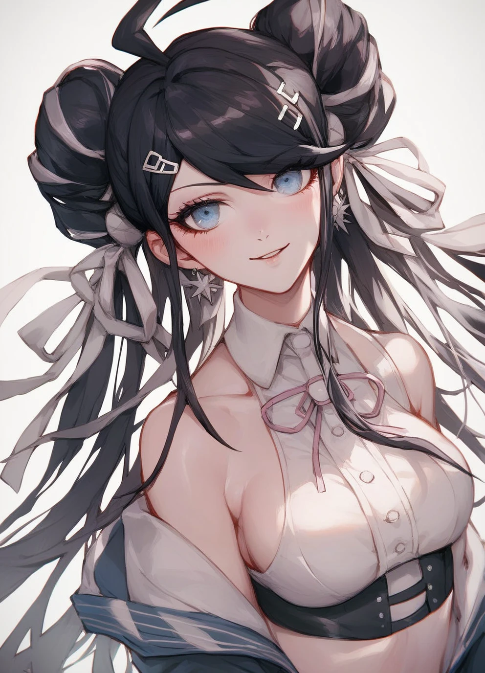 young woman, black hair, Blue eyes, official danganronpa costume