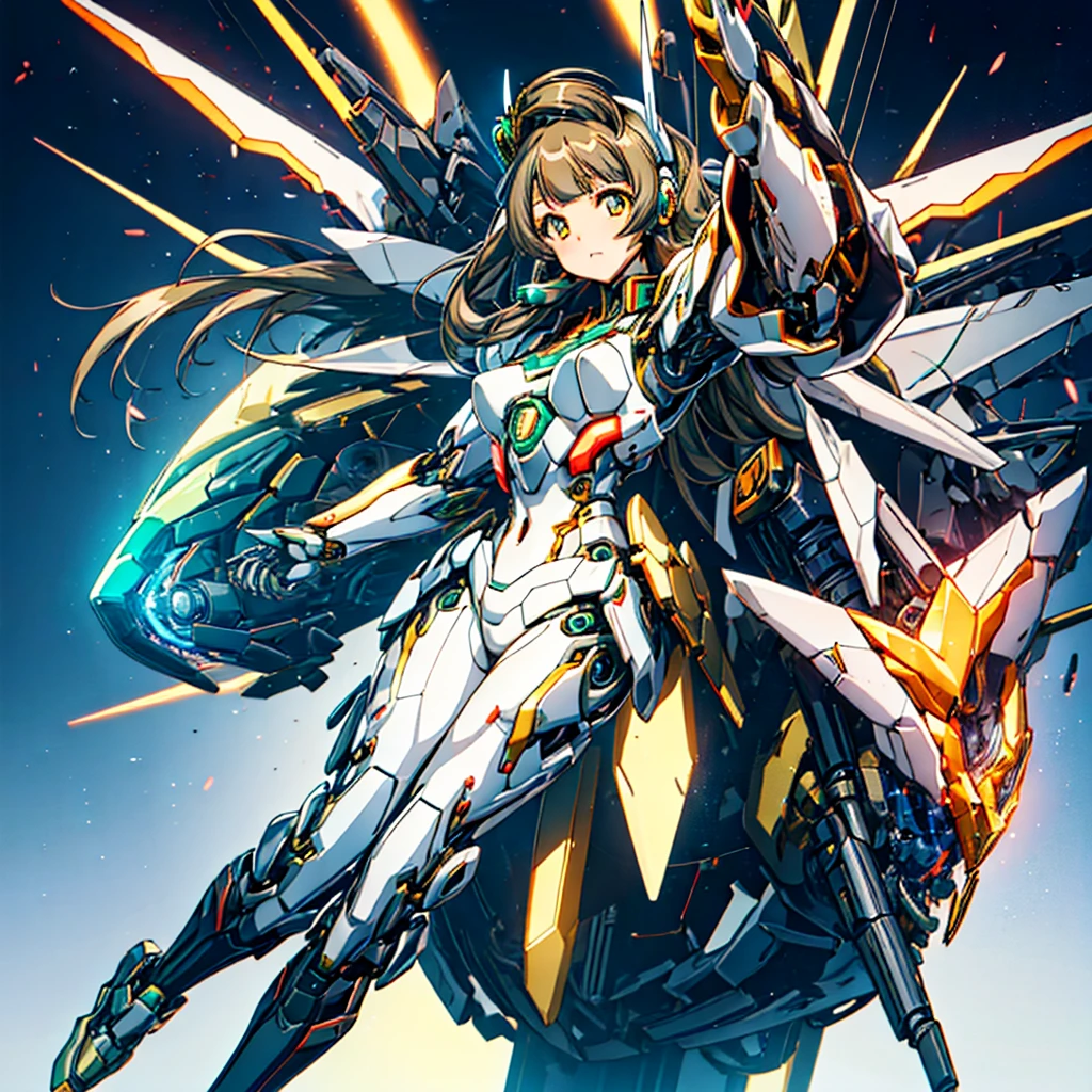 masterpiece, high quality, Cyborgization、Gynoid Cyborg Body、The face is of Minami Kotori.、Girl-type mechanical body、Mecha Cyborg Girl、Single, frontal composition、Single image、from front, full body、The mechanical body is destroyed, exposing the precision machinery.、Arms and legs wide open