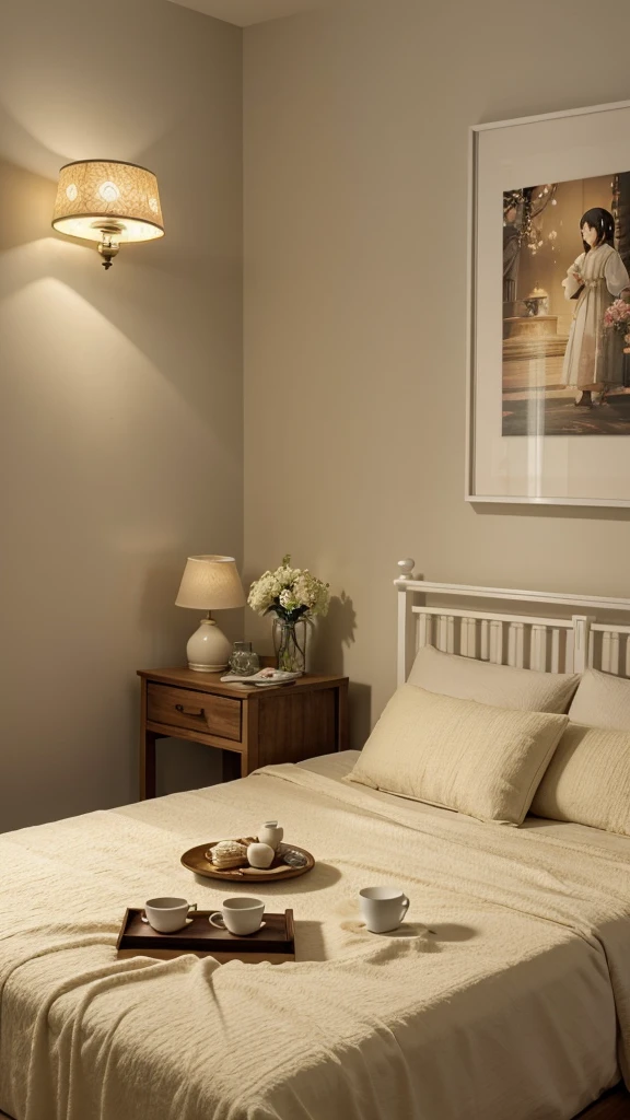 Create a cozy bedroom scene with a soft and warm ambiance. The bed should be covered with cream-colored, fluffy bedding and include a cute, toast-shaped pillow with a happy face on it. On one side of the bed, there should be a small bedside table holding a lamp with a warm yellow light, a glass of water, and a small figurine. On the other side, place a white bedside fan and a yellow book titled "LEON."A small, white wooden table is set up in front of the bed, topped with a plate of dessert, a glass of water, and a phone on a stand playing a video. Below the table, place a small crate holding a water jug and glass.Above the bed, display a canvas print that reads "FLOWER MARKET TOKYO" featuring a floral design. On the wall at the foot of the bed, project a scene from the anime "Spirited Away," specifically the one showing the characters Chihiro and Haku. Surround the projection with a string of warm white fairy lights to enhance the cozy atmosphere.Ensure the overall color palette remains soft and inviting, with beige and light pastel tones dominating the scene.