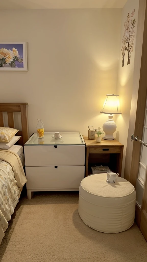 Create a cozy bedroom scene with a soft and warm ambiance. The bed should be covered with cream-colored, fluffy bedding and include a cute, toast-shaped pillow with a happy face on it. On one side of the bed, there should be a small bedside table holding a lamp with a warm yellow light, a glass of water, and a small figurine. On the other side, place a white bedside fan and a yellow book titled "LEON."A small, white wooden table is set up in front of the bed, topped with a plate of dessert, a glass of water, and a phone on a stand playing a video. Below the table, place a small crate holding a water jug and glass.Above the bed, display a canvas print that reads "FLOWER MARKET TOKYO" featuring a floral design. On the wall at the foot of the bed, project a scene from the anime "Spirited Away," specifically the one showing the characters Chihiro and Haku. Surround the projection with a string of warm white fairy lights to enhance the cozy atmosphere.Ensure the overall color palette remains soft and inviting, with beige and light pastel tones dominating the scene.