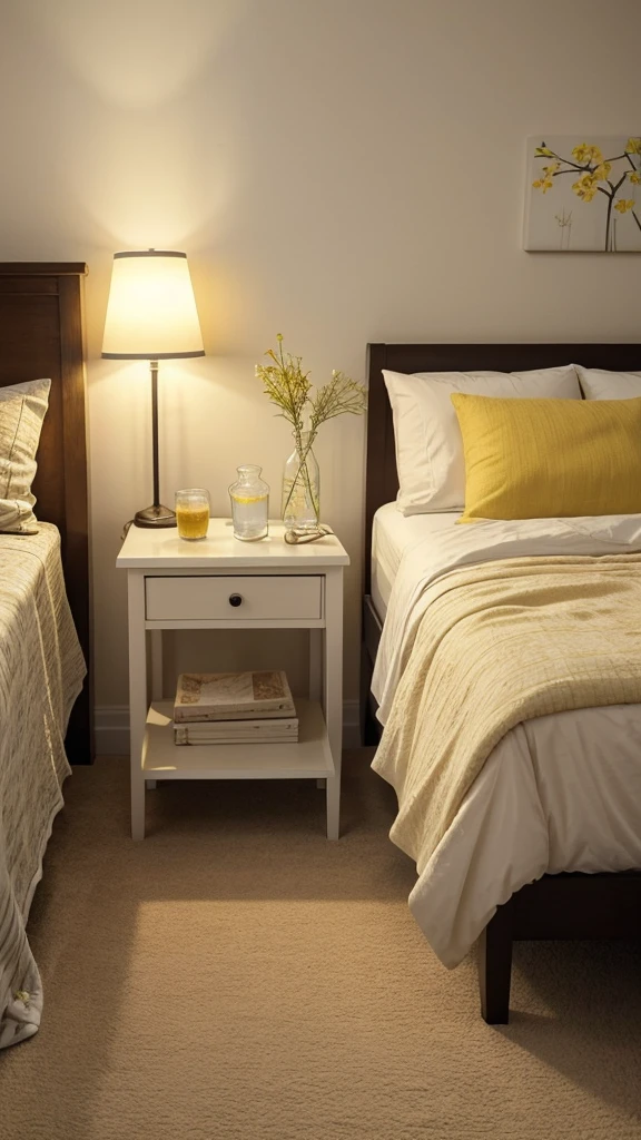 Create a cozy bedroom scene with a soft and warm ambiance. The bed should be covered with cream-colored, fluffy bedding and include a cute, toast-shaped pillow with a happy face on it. On one side of the bed, there should be a small bedside table holding a lamp with a warm yellow light, a glass of water, and a small figurine. On the other side, place a white bedside fan and a yellow book titled "LEON."A small, white wooden table is set up in front of the bed, topped with a plate of dessert, a glass of water, and a phone on a stand playing a video. Below the table, place a small crate holding a water jug and glass.Above the bed, display a canvas print that reads "FLOWER MARKET TOKYO" featuring a floral design. On the wall at the foot of the bed, project a scene from the anime "Spirited Away," specifically the one showing the characters Chihiro and Haku. Surround the projection with a string of warm white fairy lights to enhance the cozy atmosphere.Ensure the overall color palette remains soft and inviting, with beige and light pastel tones dominating the scene.