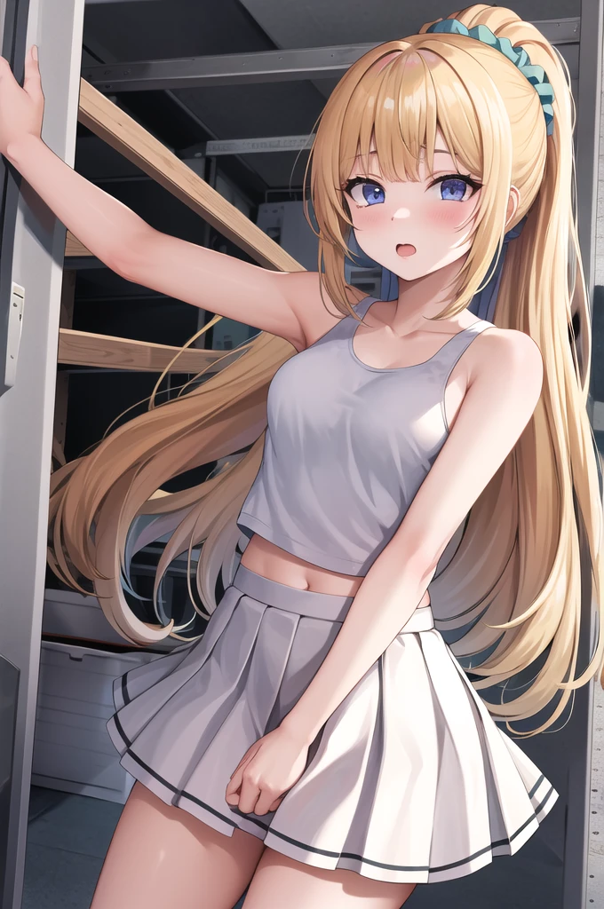 masterpiece, Highest quality, High resolution, bbkei, Long Hair,Yellow Hair, ponytail, Hair Scrunchie, clavicle,White camisole, Pleated skirt, White Skirt,Inside the gym storeroom,Place both hands on cheeks