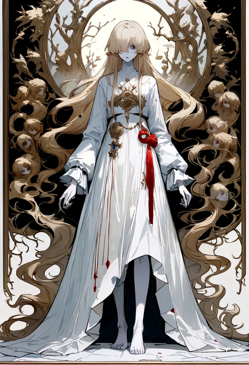 hair long blonde,pale skin,hair over eyes,white gown, long sleeves,Bare feet, horor \(theme\) (incredibily detailed, beautifull detailed face, work of art, best qualityer), standing alone, Create a pale white girl, white surgical shirt, long blondie hair, pale dark eyes, very white skin