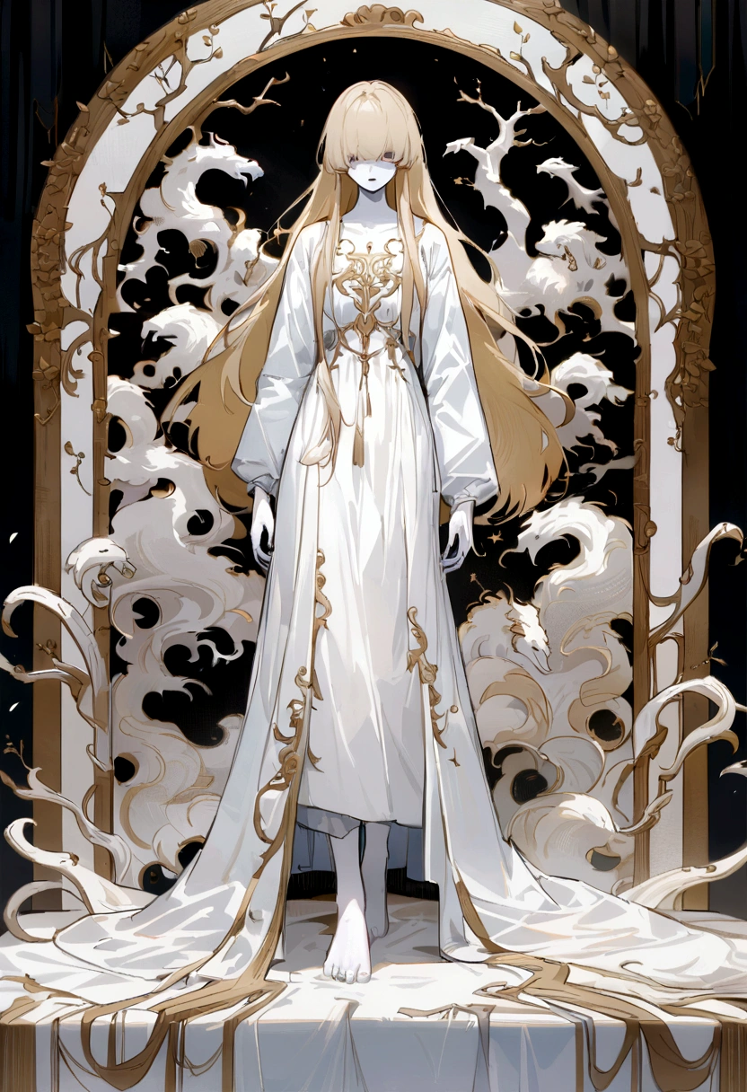 hair long blonde,pale skin,hair over eyes,white gown, long sleeves,Bare feet, horor \(theme\) (incredibily detailed, beautifull detailed face, work of art, best qualityer), standing alone, Create a pale white girl, white surgical shirt, long blondie hair, pale dark eyes, very white skin