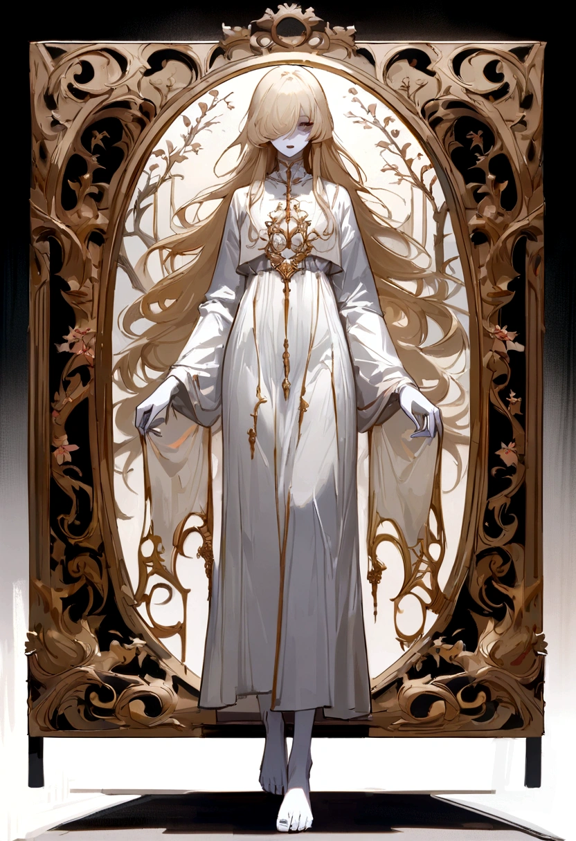 hair long blonde,pale skin,hair over eyes,white gown, long sleeves,Bare feet, horor \(theme\) (incredibily detailed, beautifull detailed face, work of art, best qualityer), standing alone, Create a pale white girl, white surgical shirt, long blondie hair, pale dark eyes, very white skin