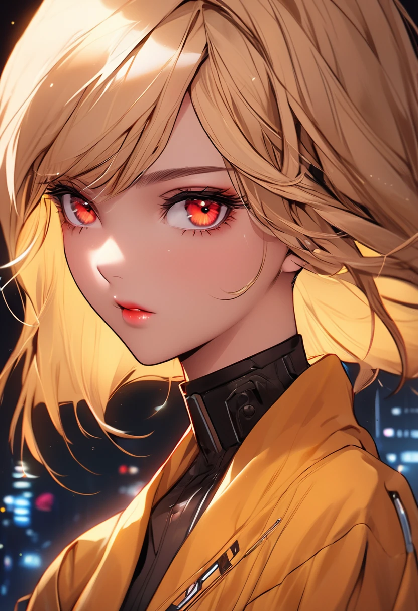 masterpiece , night , close up , beauty , blonde hair , red eyes , yellow robe , sinozick style , cyberpunk