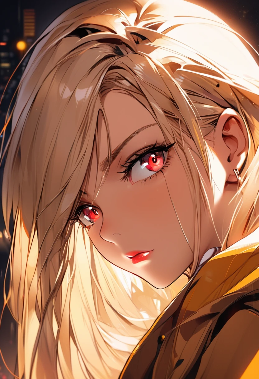 masterpiece , night , close up , beauty , blonde hair , red eyes , yellow robe , sinozick style , cyberpunk