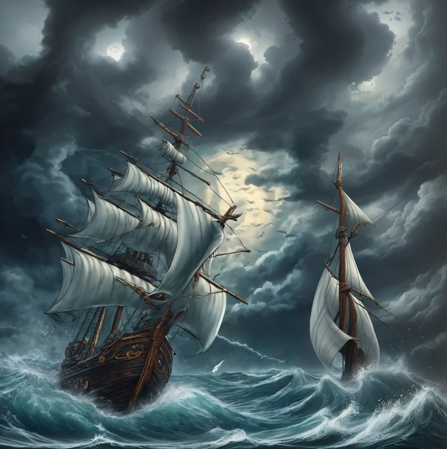 A medieval boat facing us, coming from below left. Sailing on a dark and raging sea. The weather is stormy.
Some menacing tentacles come out of the water.