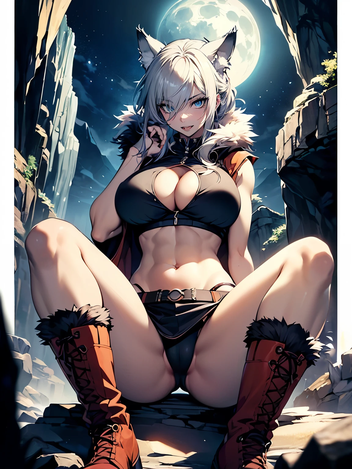 ((Seductive Anime lady:1.3, solo:1.5))、((fusion of wolf and lady:1.4))、((open legs sitting, on the big rock))、((gray color, fur and lather clothes))、((fur boots))、((looking down at viewer))、((from below))、((wild:1.3))、((Being in cave:1.3)), ((fullmoon night))、((slant eyes))、erect nipples、((underboob))、((open clothes:1.2))、((torn and ripped clothes))、((crop top navel:1.2))、(huge breasts:1.2))、((cleavage))、((highleg))、((sleeveless:1.2))、abdominal muscle、Glossy realistic skin texture、shiny skin、masterpiece, ultra-detailliert, 8k, hiquality, Top image quality, Smooth texture、watercolor