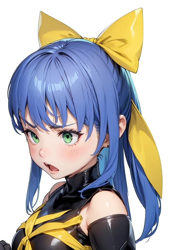 beautiful girl,,anger,Scream,Clenched fist,Blue Hair,Green Eyes,Yellow ribbon,4K,8K,Highest quality