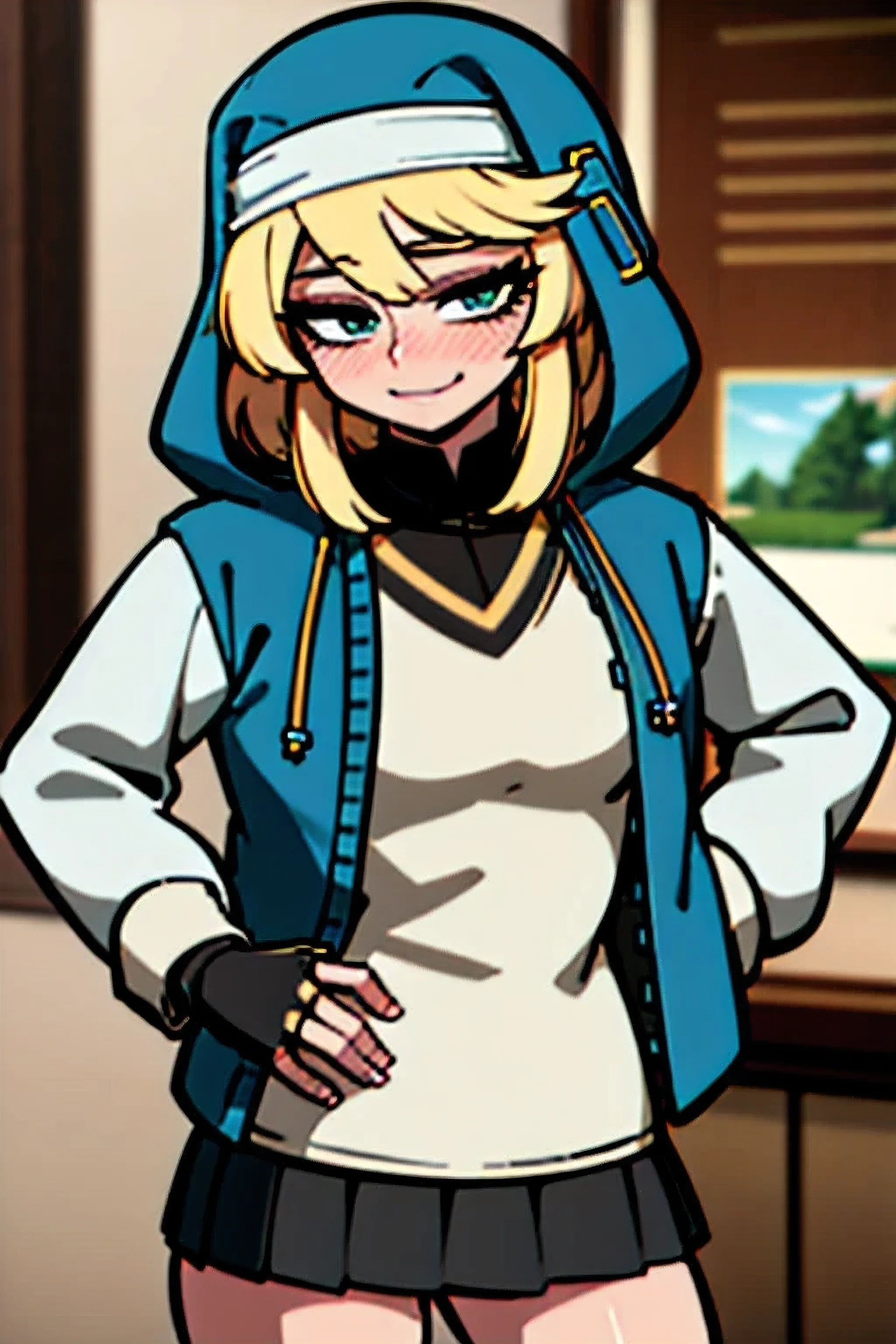 masterpiece, best quality, highres, (illustration:1.4), (beautiful detailed eyes), BREAK ggsbridget, turquoise eyes, (hooded jacket, long sleeves, black gloves, fingerless gloves, skirt, bike shorts) cowboy shot, sexy pose, BREAK Hands on Hips, (finger pointing,) smirk, evil smile,closed mouth, mastrubation, orgasm,blush, embarrassed,full lips, bedroom,indoors,