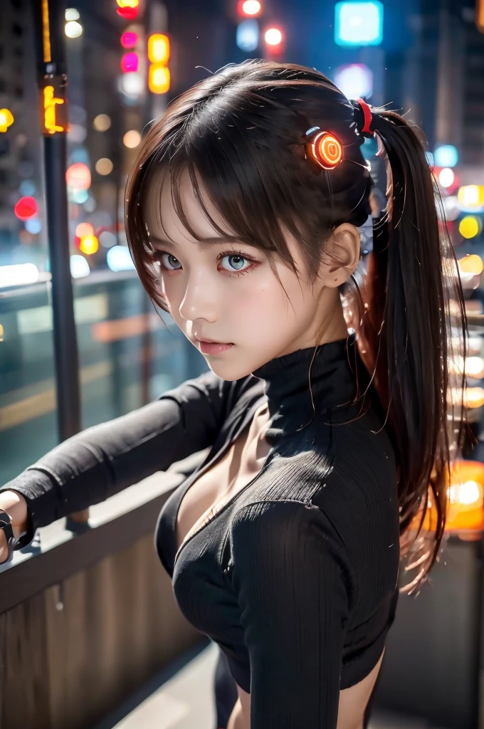 (SFW), Intricate details, One girl, night, (Bright neon colors), ((Flying over a futuristic cyberpunk city)), Detailed Background, (Petiteなサイボーグ少女, ((Cute perfect face, Bright red eyes)), (Perfect Anatomy, Petite), (Extremely long orange and white gradient hair, Hair blowing in the wind)), Detailed ribbed impossible bodysuit, Pauldrons, Cybernetic limbs, Dynamic Angle, 