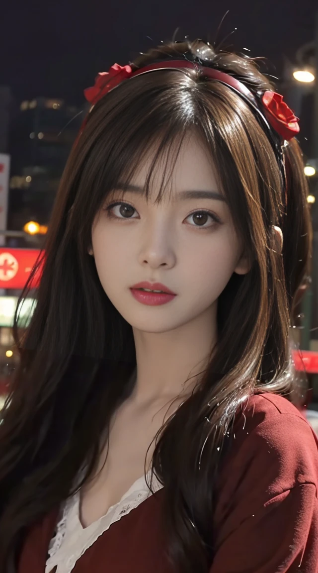 1girl, Tokyo street,night, cityscape,city lights, upper body,close-up, 8k, RAW photo, best quality, masterpiece,realistic, photo-realistic,headgear of red rose, parted bangs, long hair,