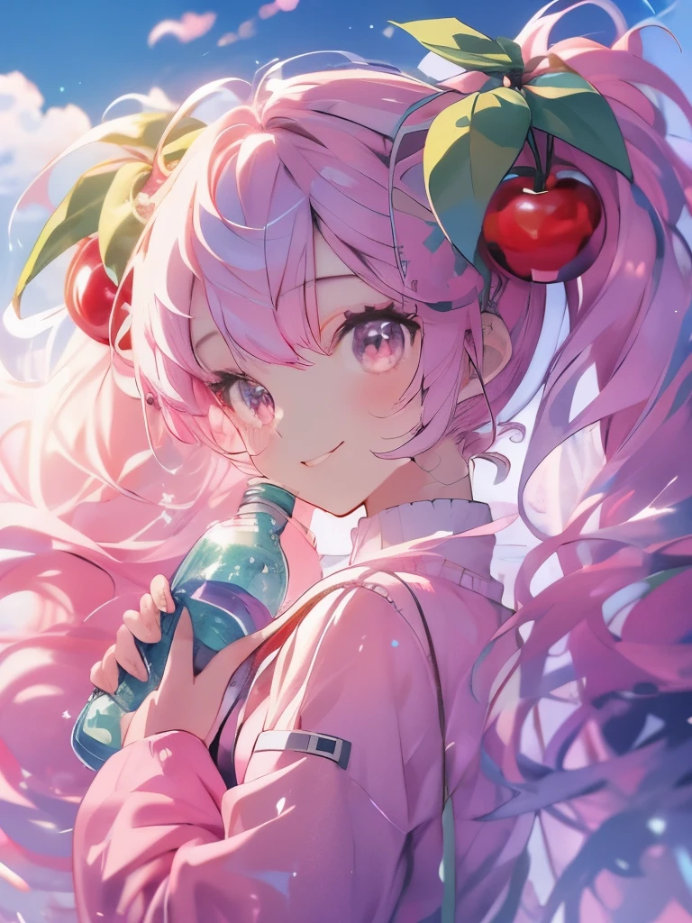 masterpiece、Hatsune Miku、Pink Hair、Long Hair、Cherry hair ornament、The wind is blowing、Sparkling eyes、smile、(((Holding a plastic bottle)))、Upper Body