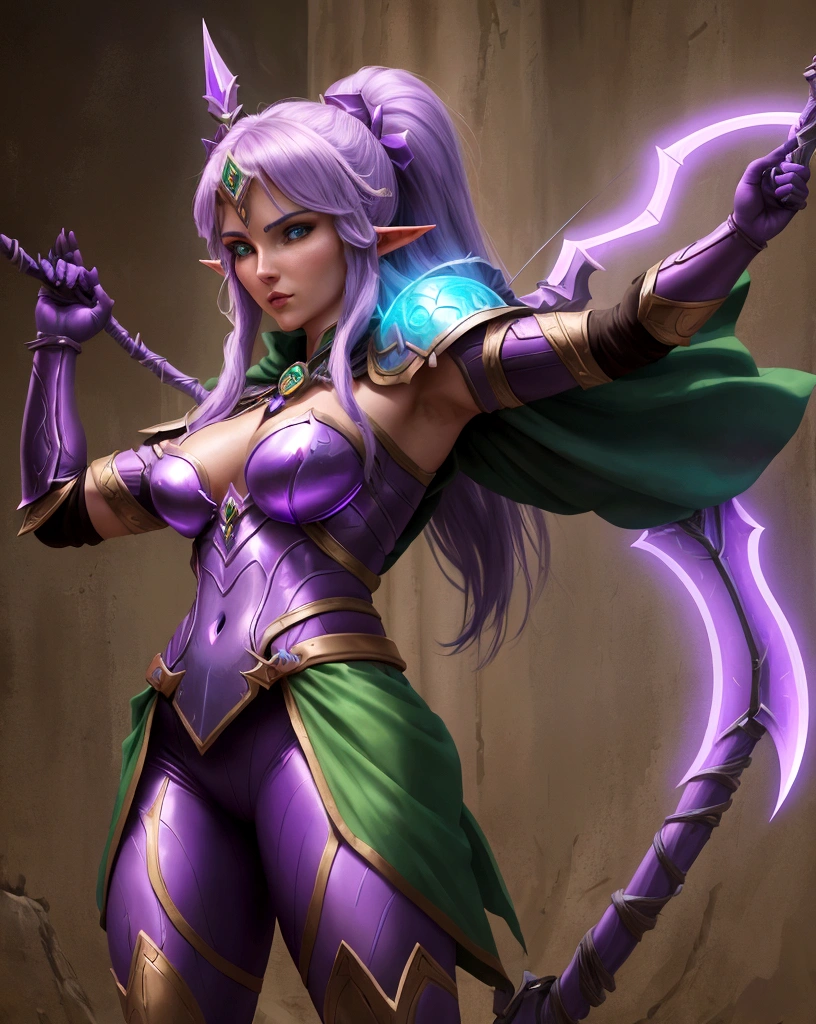 an elf archer lady master from World of Warcraft, body armor, purple suit, glowing suit, big mythical bow, mystical arrow,(accurate image 1.5) tall lady,heels, iconic archer stance, mystical aura background, super detailed, highres, translucent, fluorescent color
